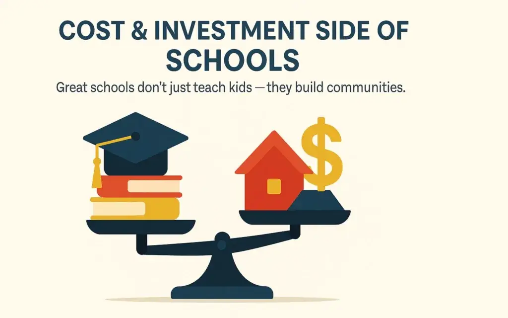 Austin Relocation: Schools, Activities, and Family Life in Central Texas 5 cost and investment side of Schools with a scale with books and a graduation hat on the left and a house and dollar sign on the right.