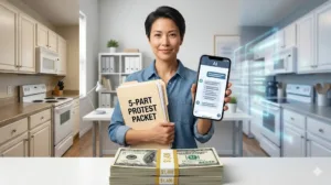 Asian woman with a protest packet and phone