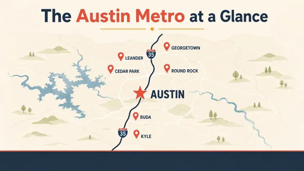 Moving to Austin, Where Should You Live? A Local Realtor's Guide 2 a stylized map of the Austin Metro area at a glance listing Leander, Cedar Park, Georgetown, Round Rock, Austin, Buda, Kyle. Moving to Austin