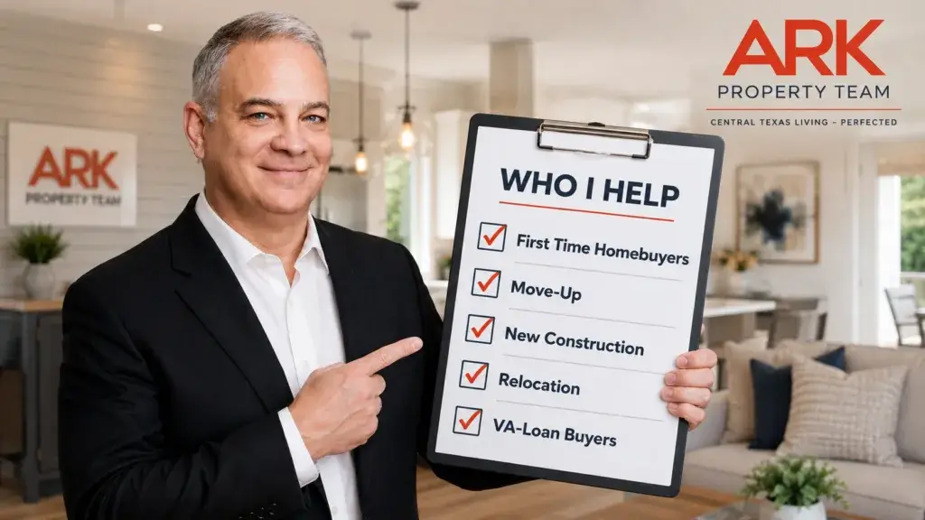 Man in a black suit holding a checklist saying "who I help" Central Texas Real Estate