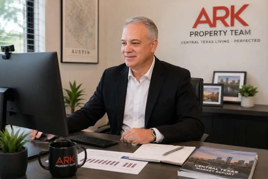 Man in black suit sitting at a computer. Central Texas Real Estate