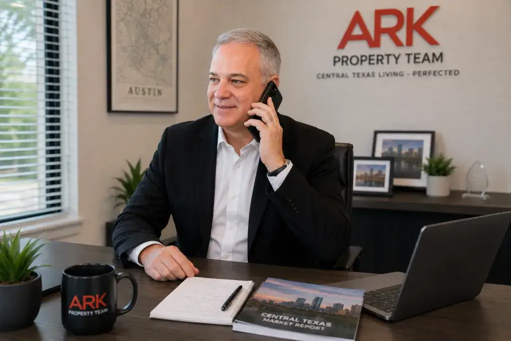 Man on a phone wearing a black suit . Central Texas Real Estate