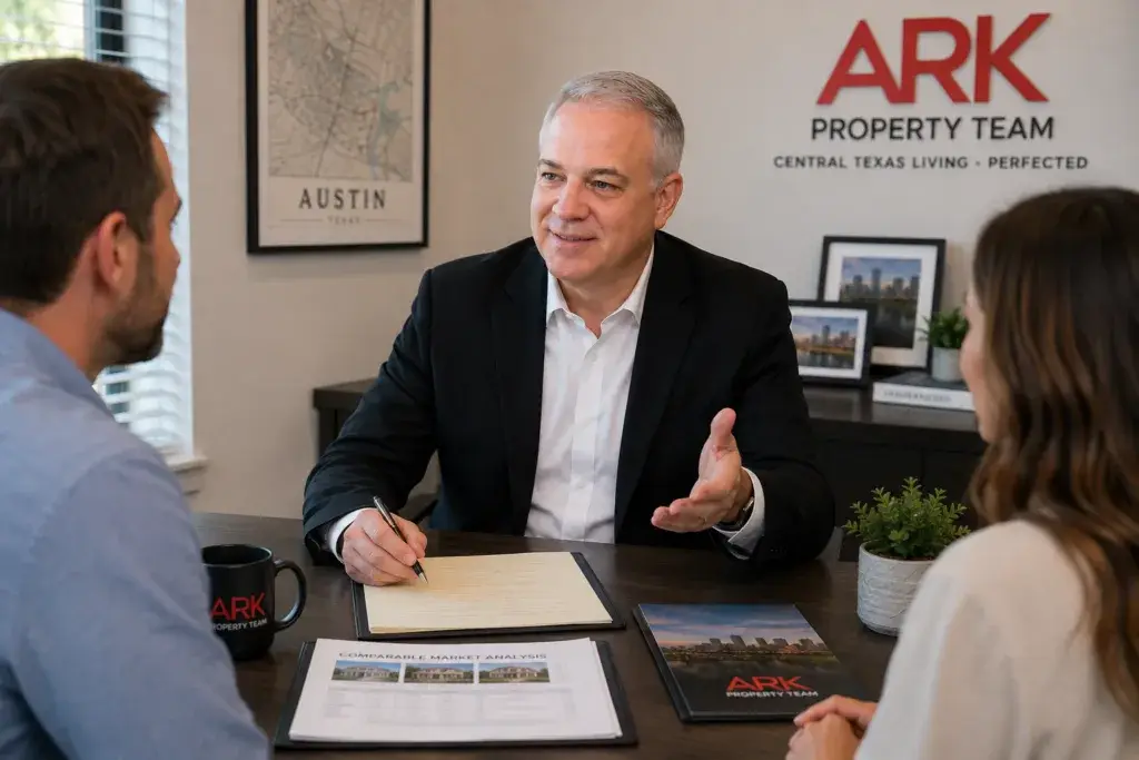 Man in black suit meeting with clients. Central Texas Real Estate