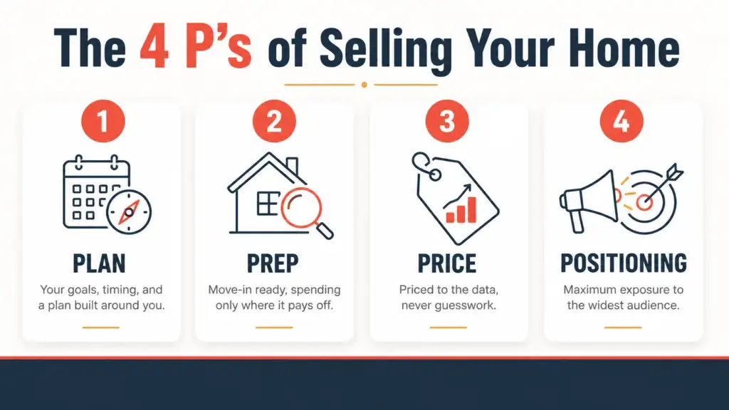 How to Sell Your Home the Right Way in Central Texas 1 Infographic of Richard Fowler's four-step home selling method: Plan, Prep, Price, and Positioning.