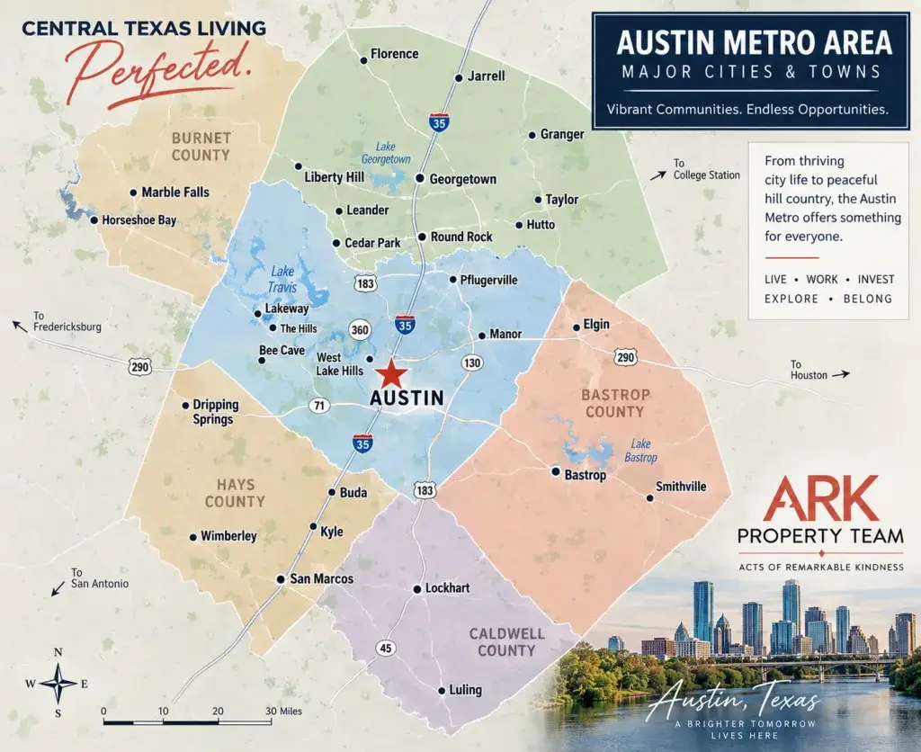 Map of the Austin metro area cities and towns served by the ARK Property Team, including Cedar Park, Leander, Round Rock, Georgetown, and the surrounding Hill Country counties. Communities