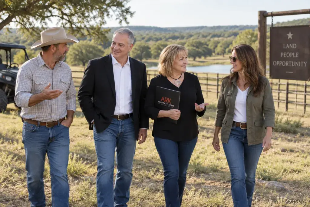 two men one in ranch clothes and one in a black jacket, and two women walking on a ranch