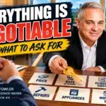 The Art of Real Estate Negotiation in Austin 7 Man in a black suit handing someone a key next to "Everything is Nogotiable". Real Estate Negotiation