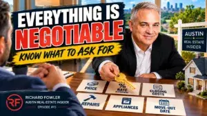 Man in a black suit handing someone a key next to "Everything is Nogotiable". Real Estate Negotiation