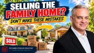 Richard Fowler Realtor Instagram graphic about downsizing and selling the family home in Austin, Texas, featuring Richard, a large family house transitioning to a smaller home, moving boxes, and the message 'Your Next Chapter Starts Here.'
