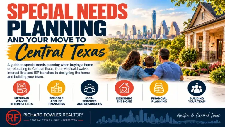 Home 33 Special needs planning and relocating to Central Texas infographic featuring an Austin home and family, with key considerations including Texas Medicaid waiver interest lists, school IEP transfers, local support services, accessible home design, financial planning, and building a support team. Richard Fowler Realtor.
